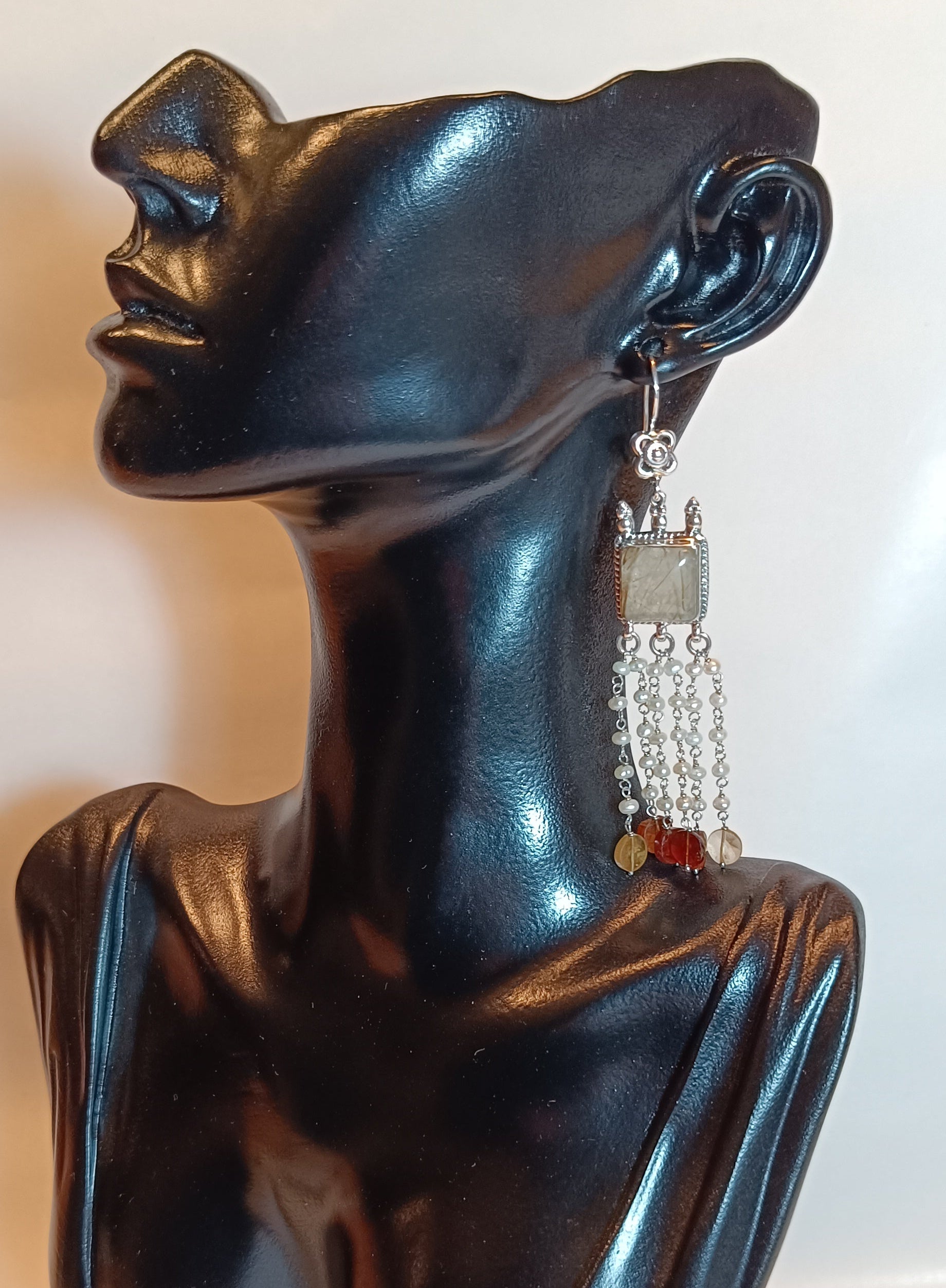 Rutilquarz-Zuchtperlen-Karneol Ohrringe